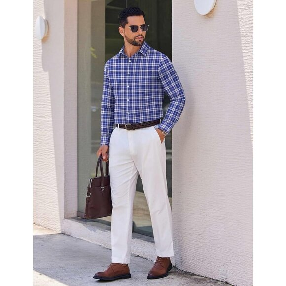 Men’s Long Sleeve Plaid Dress Shirt, Cotton Button-Down Wrinkle-Free Navy Blue - Picture 3 of 5